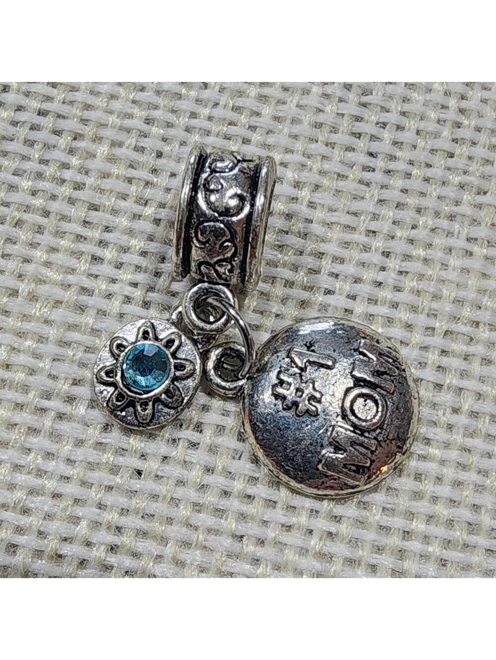 Mom Silver Charm with Blue Gemstone Accent